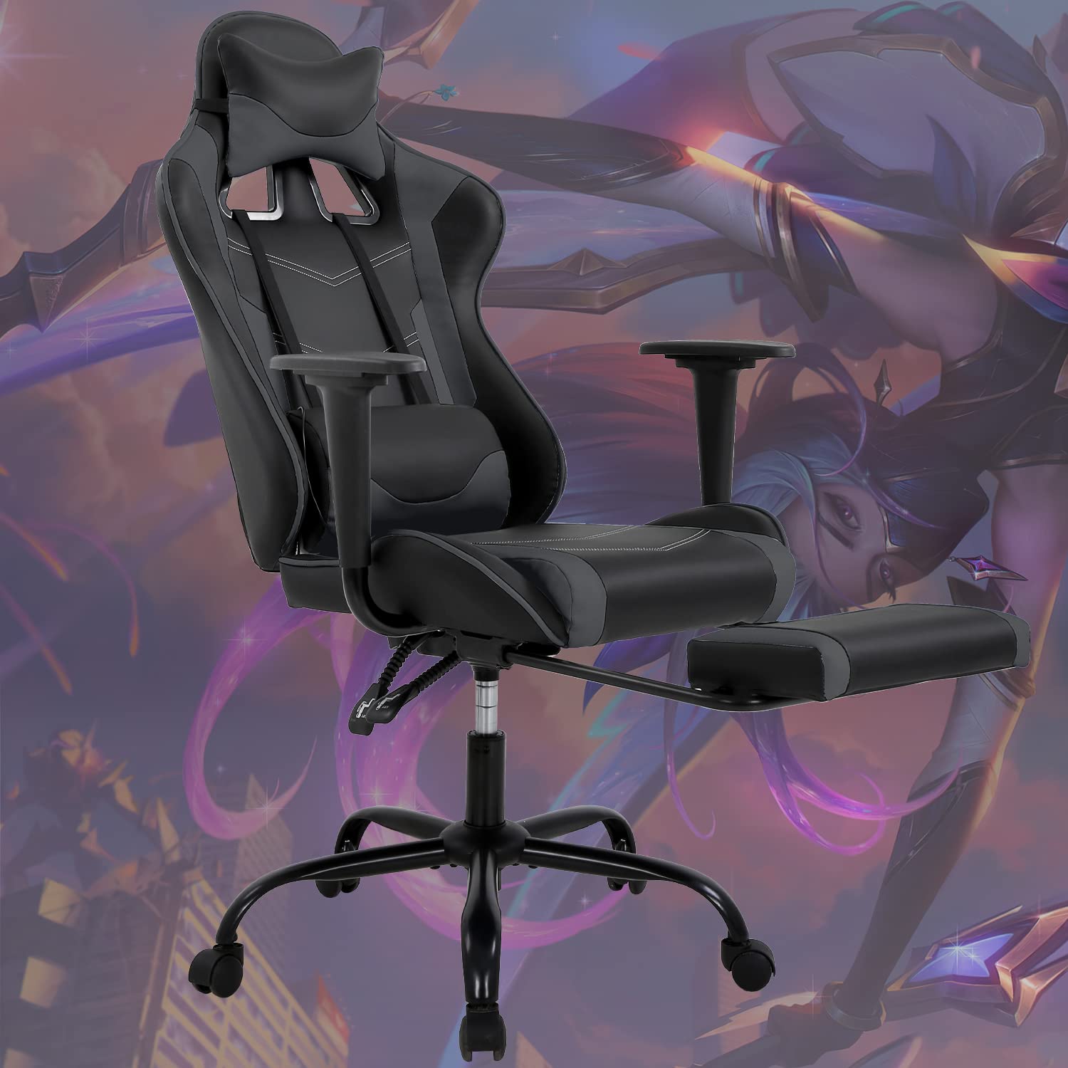 Gaming Chair Computer Chair Ergonomic Gaming Chair with Footrest Reclining High Back Video Game Chair with Lumbar Support Headrest Armrest Swivel Seat