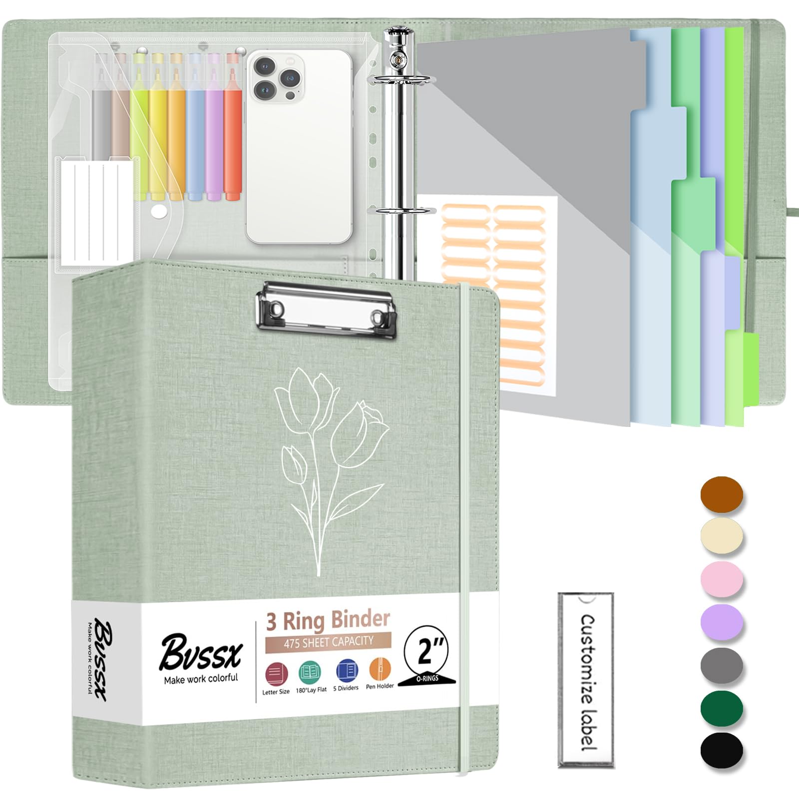 Photo 1 of 2 Inch 3 Ring Linen Binder Organizer, BVSSX Three Ring Binders with Clipboard, Plastic Folder, 5-Tabs Pocket Dividers with Sticker Labels, Pen Loop, Elastic Strap (Sauge, Letter Size)