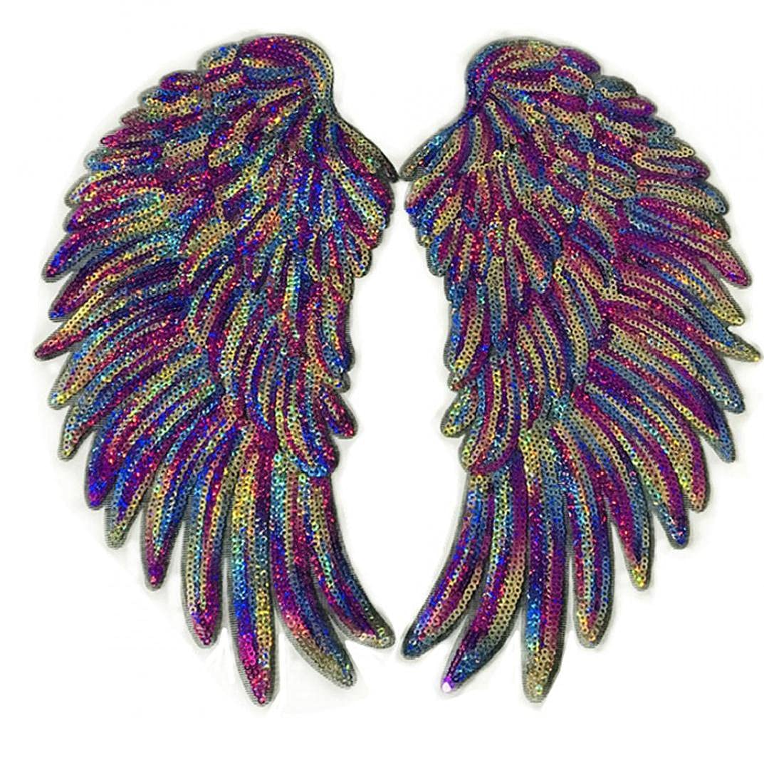 Zonster Multicolor 1Pc Angel Wings Sequin Patches Iron On Sew On Appliques Embroidered For Diy Clothing Accessories