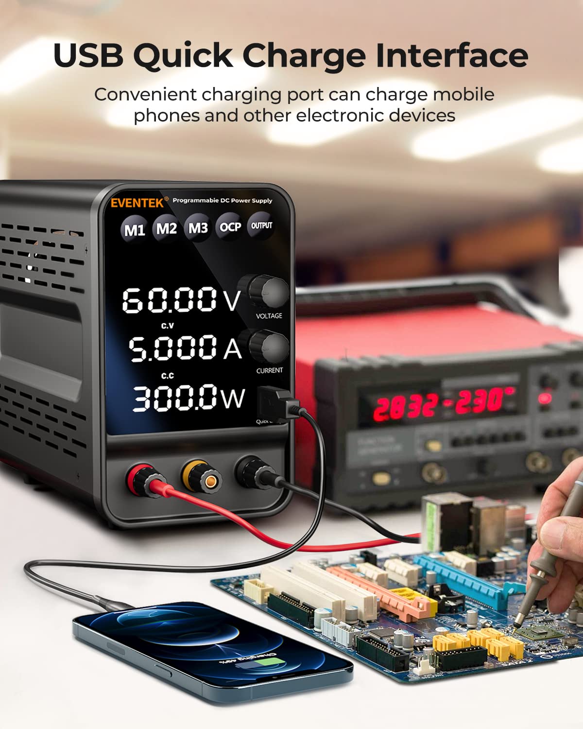 Eventek DC Power Supply highlighting the OCP and Output buttons, with an alarm icon indicating overcurrent protection.
