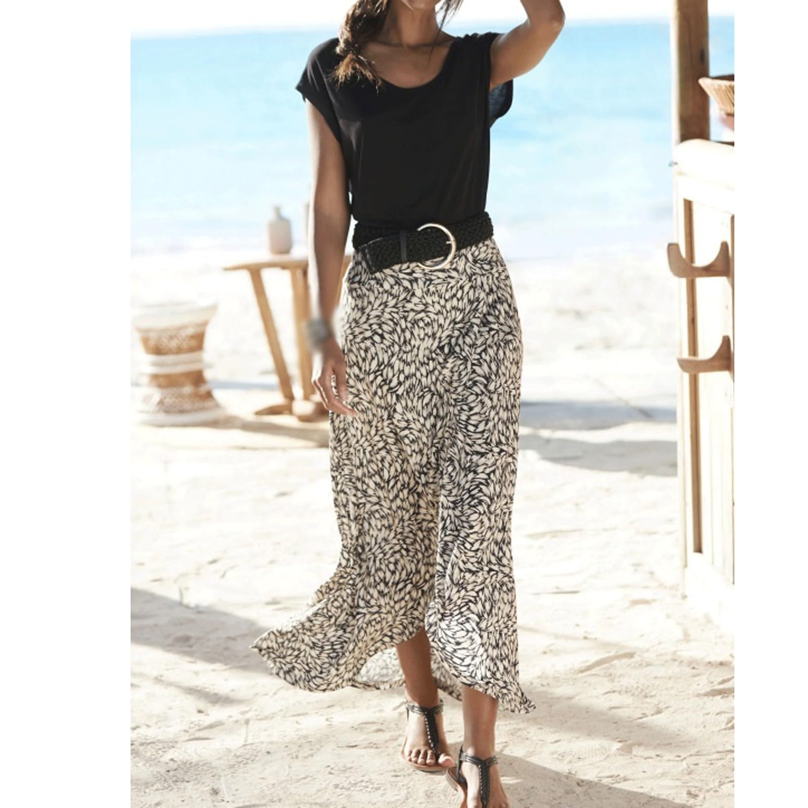 DUddTTW Fishtail Women's Midi Skirt Floral Elastic Waisted Swing Skirt Ankle Length Skirts Midi Length Flowy Skirt Maxi Skirts Vacation(Wei�,Lagre)