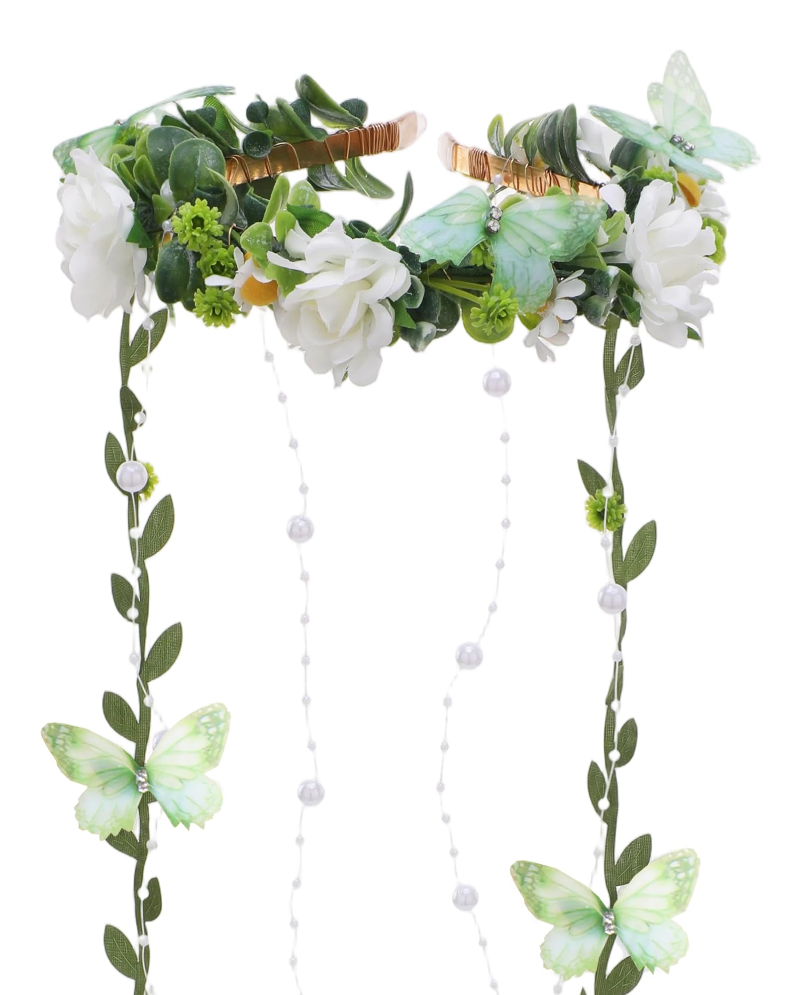PartyforU Flower Crown Butterfly Headband, White Green Elf Forest Elf Headwear Crown, Fairy Costume Accessories for Women for Renaissance