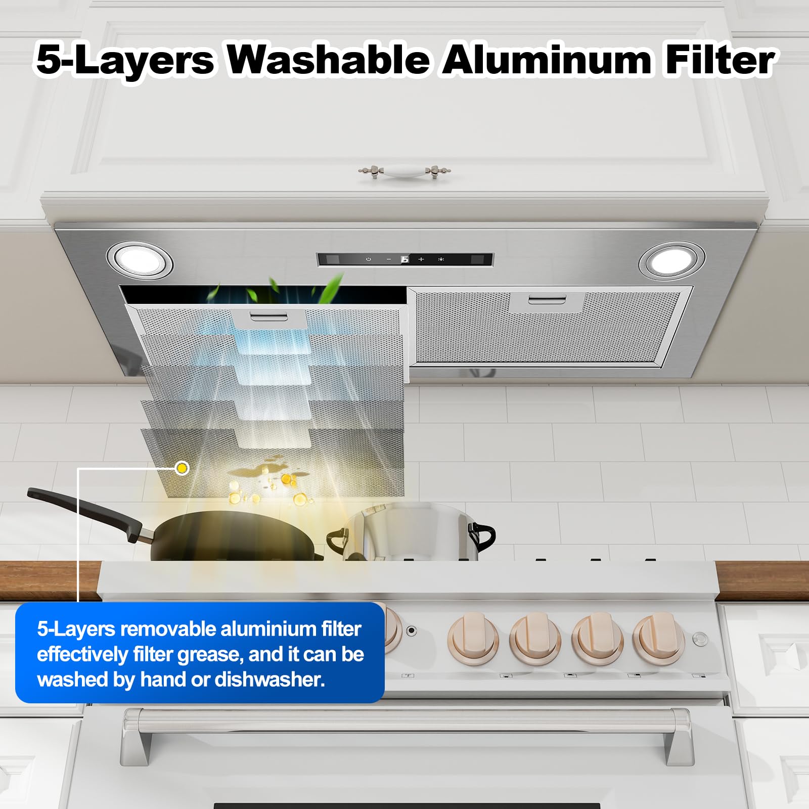 Hotte Aspirante 72cm Encastrable, 400m³/h, Hotte Cuisine, 3 Vitesses & Fonction Booster, Gestuelle, Tactile, Éclairage LED, Évacuation & Recyclage d'air avec filtre à charbon et conduit
