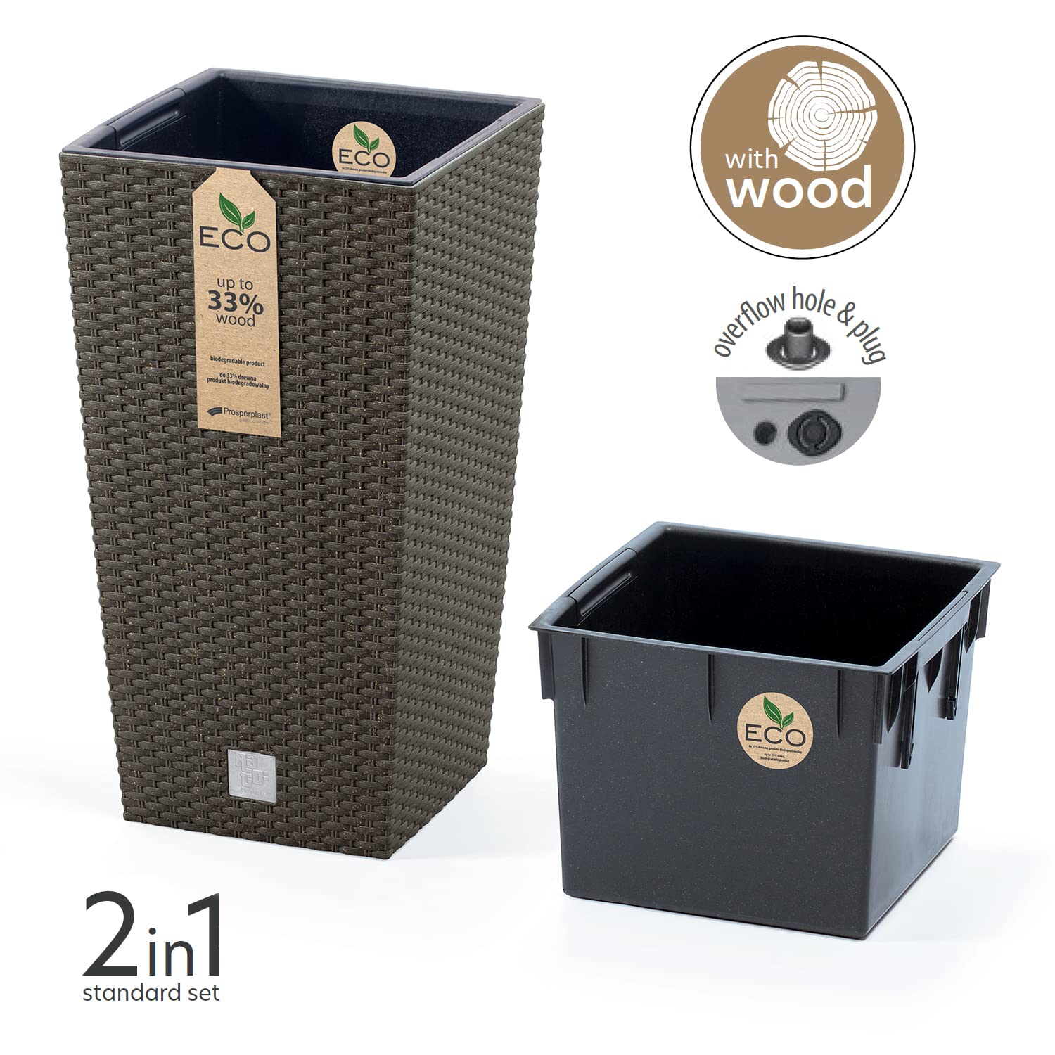 Vaso per Fiori piante Quadrato Rato Square ECO WOOD Decorativo in Plastica e 33% Legno da Interno Esterno 29x29x55 cm Caffè Design Moderno 35 Litri