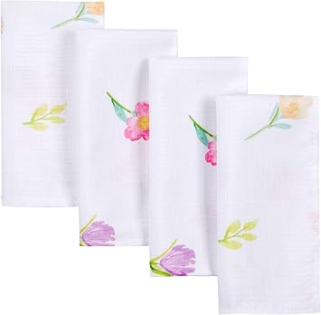 Bunnies at Play Easter Pastel Print White Background Floral Polyester Fabric Tablecloth Set of 4 Napkins