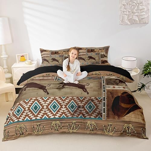 Miniatura 4 de Erosebridal Juego de ropa de cama de vaquero occidental, funda de edredón para niños y hombres, funda de edredón azteca bohemia rústica de