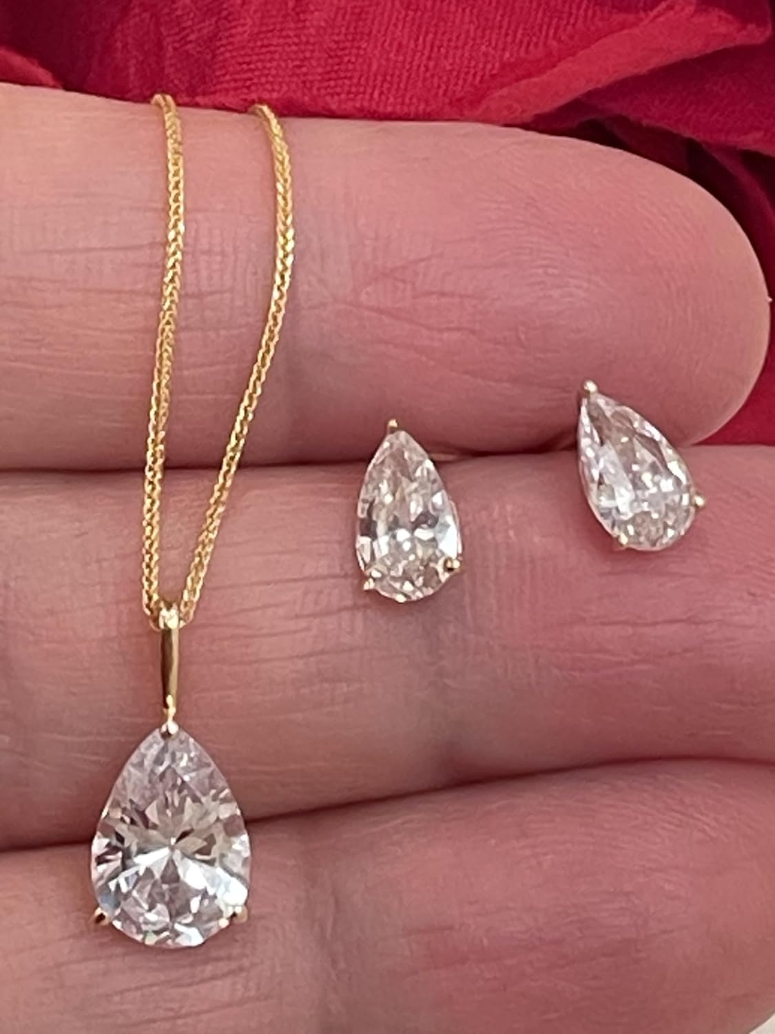 pierrelorren 3 carat Diamond Necklace Diamond Stud Earrings 18k Yellow Gold SET Teardrop Solitaire Necklace Tear Drop Solitaire Earrings Handmade Jewellery Birthday Anniversary Valentines Day women - Image 4