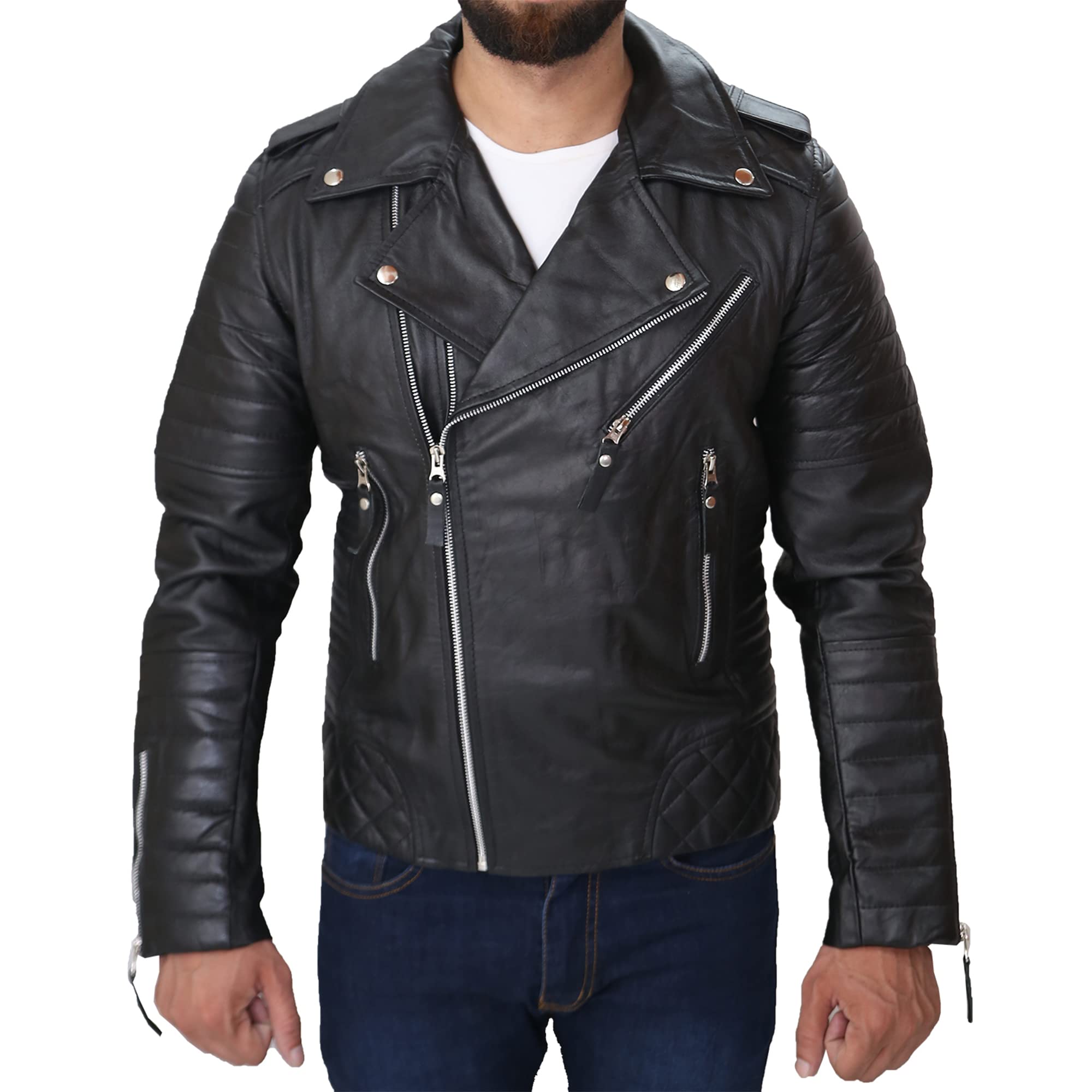 Kara Hub Leather Jacket Men -Negan Walking Brando Jeffrey Dean Jacket- Black Leather Jacket Men - Genuine leather jacket