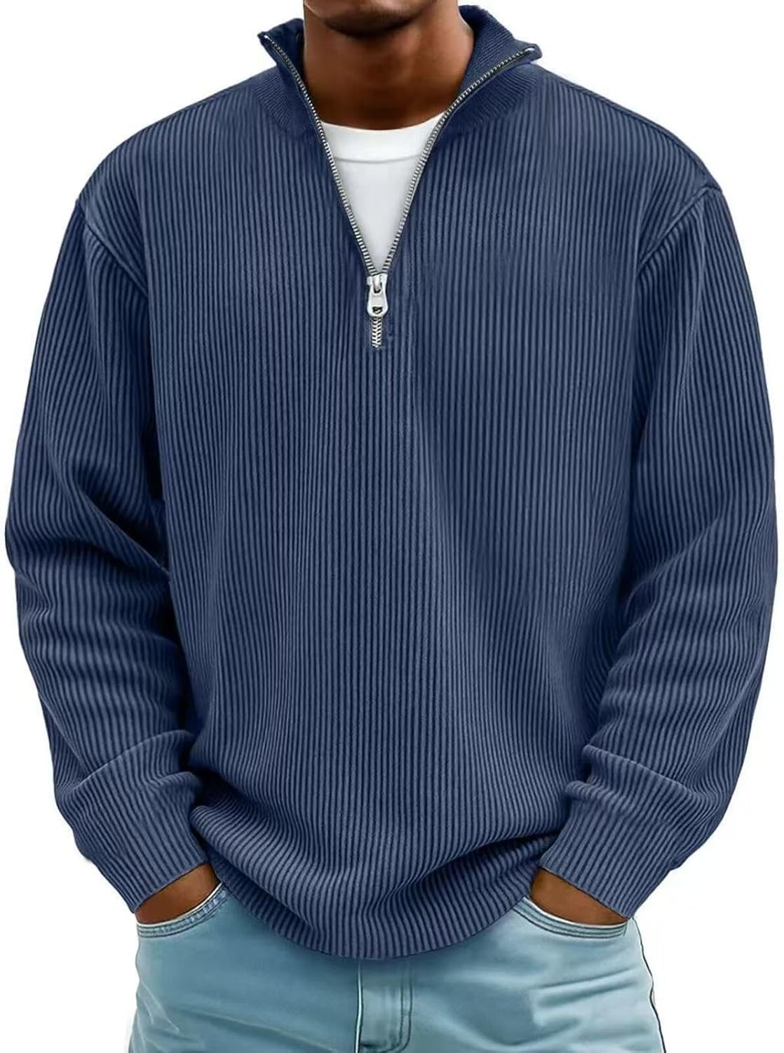 Mens Quarter Zip Pullover Ribbed Sweater Long Sleeve Mock Neck Lightweight Knit Shirt Casual Fall Winter Top