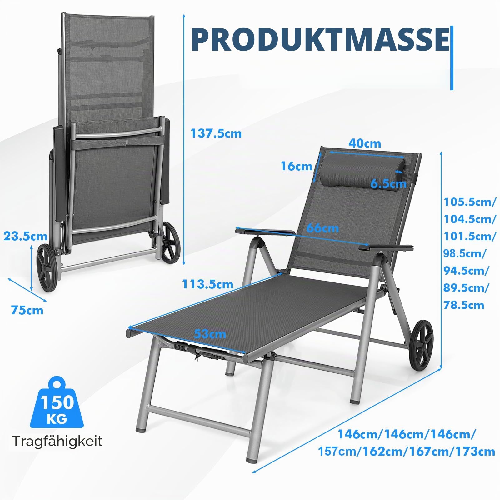 KOMFOTTEU Gartenliege mit Rollen, Klappliege aus Aluminium, Liegestuhl mit 7-Fach Verstellbarer Rückenlehne, Sonnenliege mit Abnehmbarer Kopfstütze für Strand, Pool
