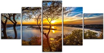Yatsen Bridge 5 Panel Canvas Painting Sunset Lake Tree Seascape Landscape Wall Art Home Decor Picture for Living Room Birthday Gifts Stretched and Framed Ready to Hang 60x32inch