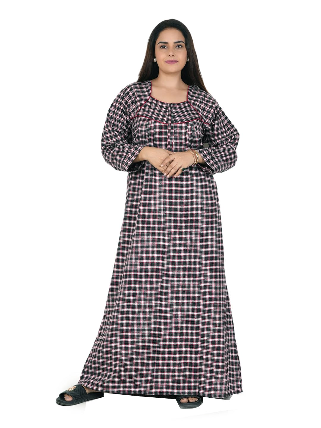 anglina Women's Winter Care Woolen Winter Wear Checked Nighty Maxi Gown Cotswool Nightwear with Pocket WSR-182-picture-25