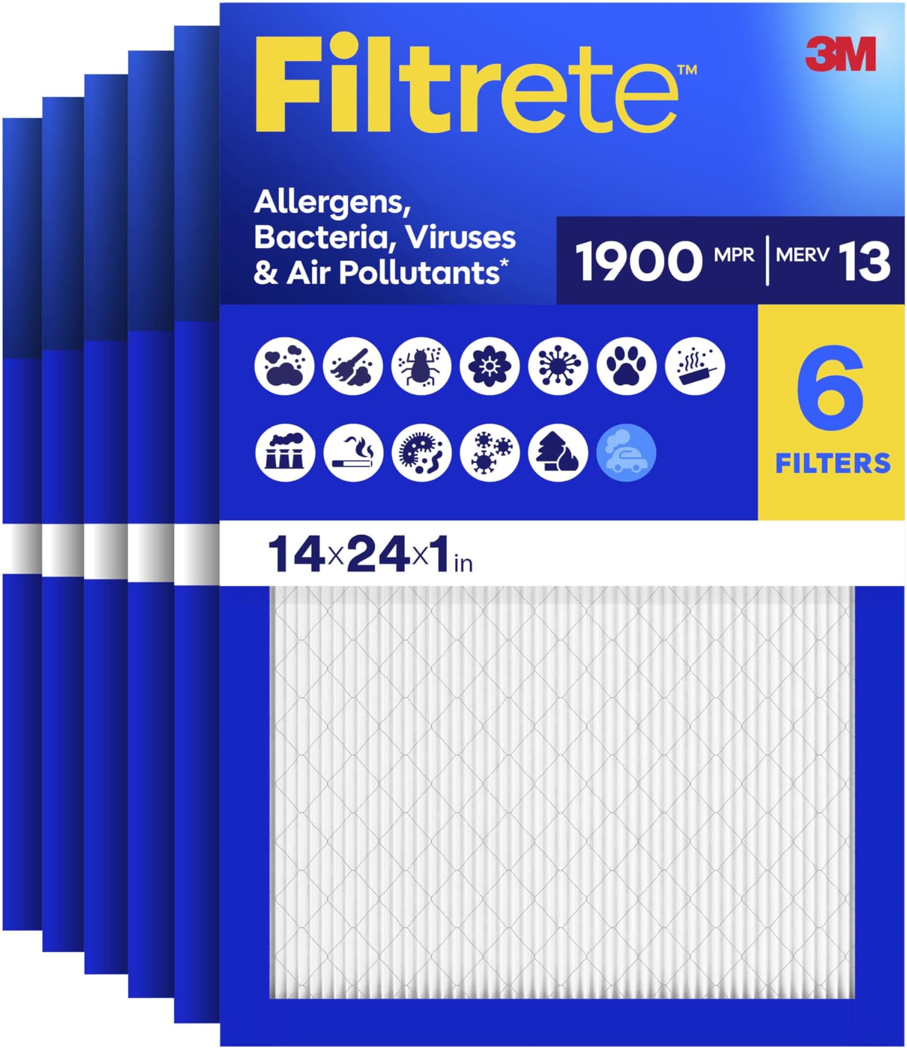 Filtrete 14x24x1 Air Filter, MERV 13 MPR 1900, Allergens, Bacteria, Viruses & Air Pollutants, 3-Month AC/Furnace Filters, Cleaner Air Reliable Airflow, 6 HVAC Filters(Act Size 13.81x23.81x0.78 in)