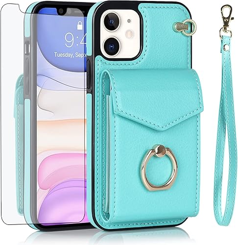 Asuwish Funda de teléfono para iPhone 11 6.1 con protector de pantalla de vidrio templado y anillo de bloqueo RFID, portatarjetas de TPU, accesorios