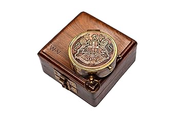 Antique Brass Pocket Compass with Wooden Box