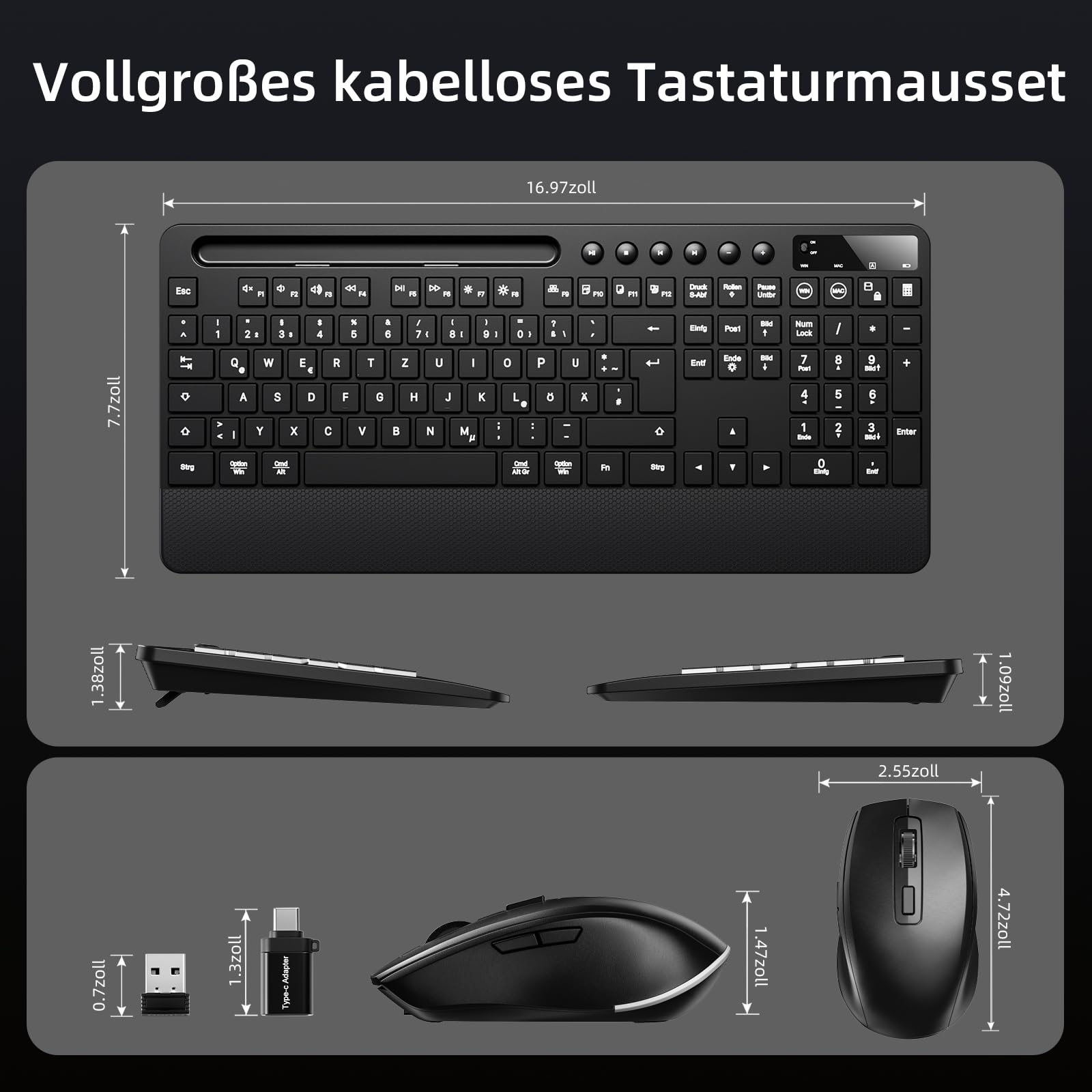 Hamile Tastatur Maus Set kabellos Beleuchtete mit Handyhalter, 2,4G QWERTZ