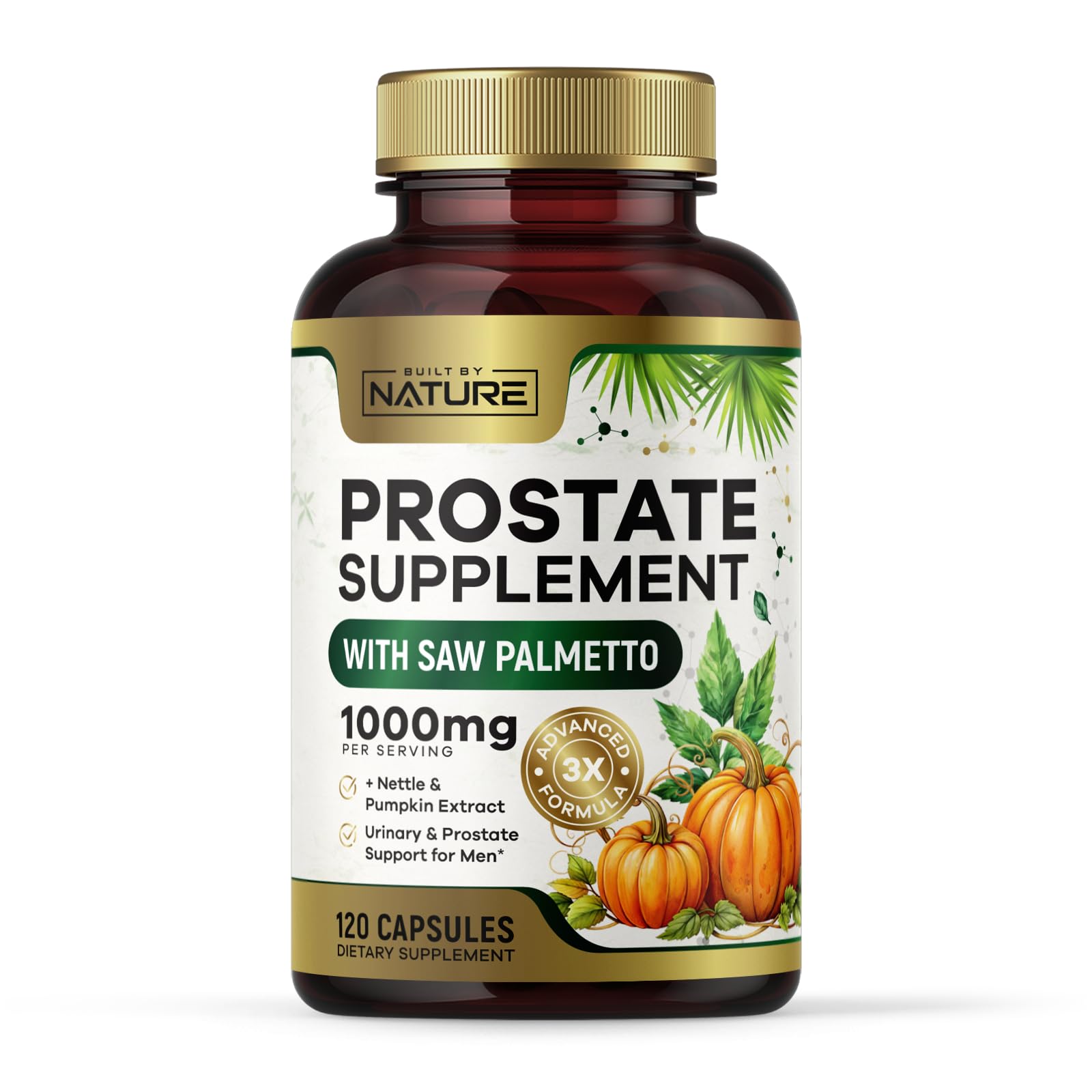 Built by Nature Prostate Supplement for Men, 120 Capsules Saw Palmetto, Advanced 3X Formula, Stinging Nettle and Pumpkin Seed Extract, Urinary and Prostate Health Support
