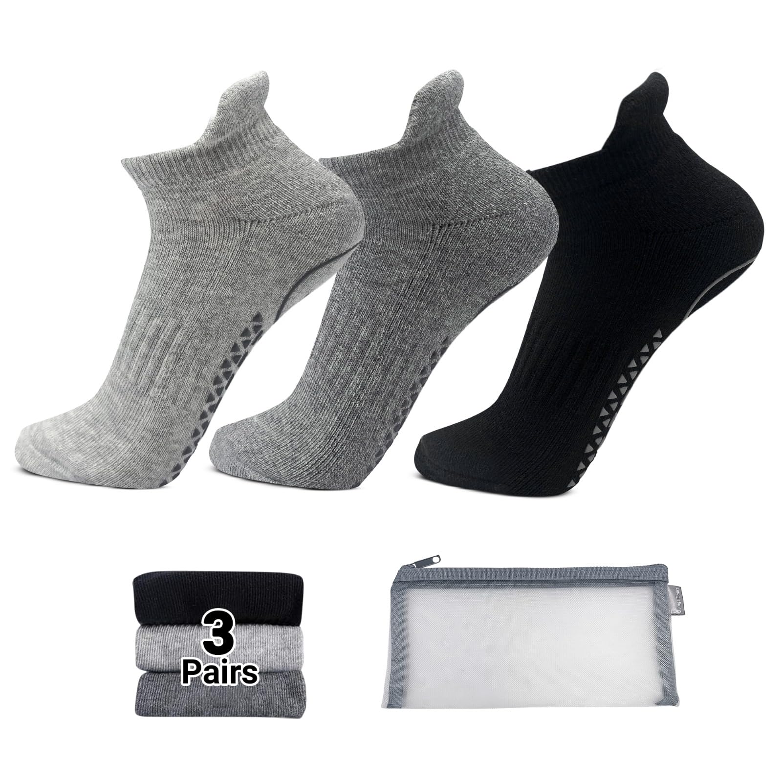 Beluga GearsAnkle Socks Set with Non Slip Grips for Yoga, Pure Barre, Exercise, Pilates, Hospital Socks with Breathable Pouch for Women Men Adult Unisex 3 pairs