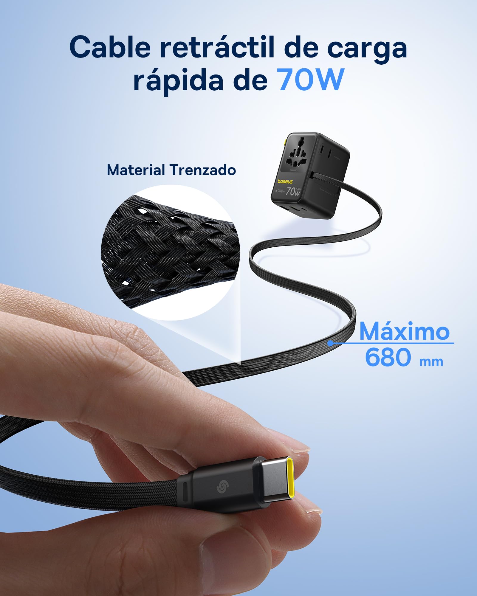 Baseus Enercore 70W Adaptador Enchufe Universal con Cable Retráctil, 2 AC + 2 USB A + 1 USB C, Adaptador de Corriente Internacional para EE. UU., Reino Unido, Japón, Tailandia, Australia