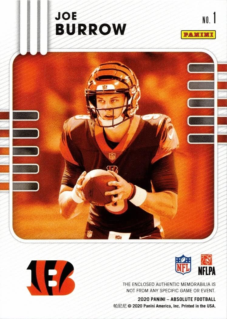 2020 Panini Absolute Rookie Materials #1 Joe Burrow Player Worn Jersey Football Card - Orange Swatch