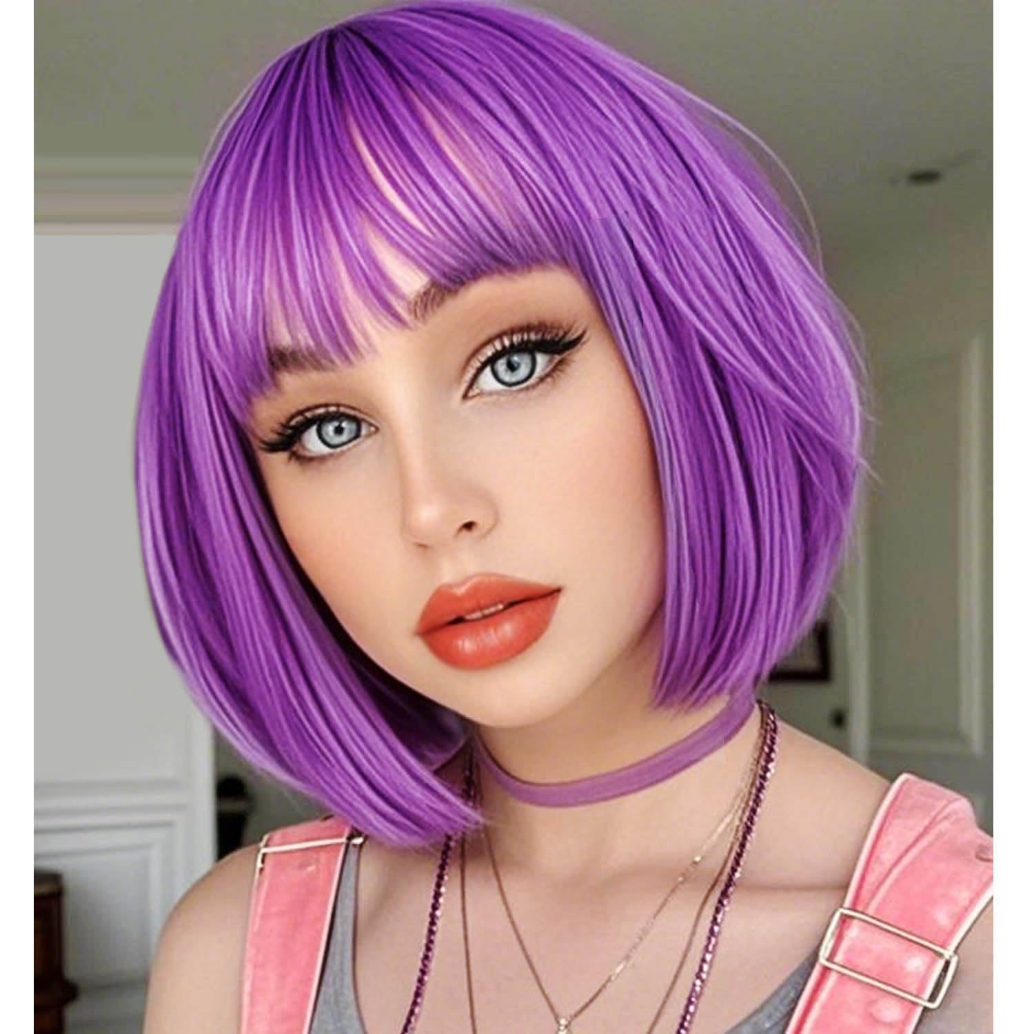 YOUNIGA Purple Bob Wig With Bangs 12 Inch Short Synthetic Fiber Bob Wigs for Women Short Bob Wigs and Halloween Cosplay Wig for Daily Life Colorful