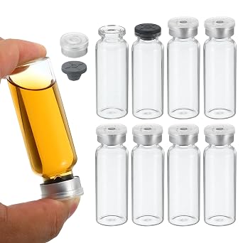 PATIKIL 20ml Sample Vials, 8 Pack Lab Empty Vials with Butyl Rubber Stopper and Crimp Top Caps Borosilicate Glass Vial, Transparent