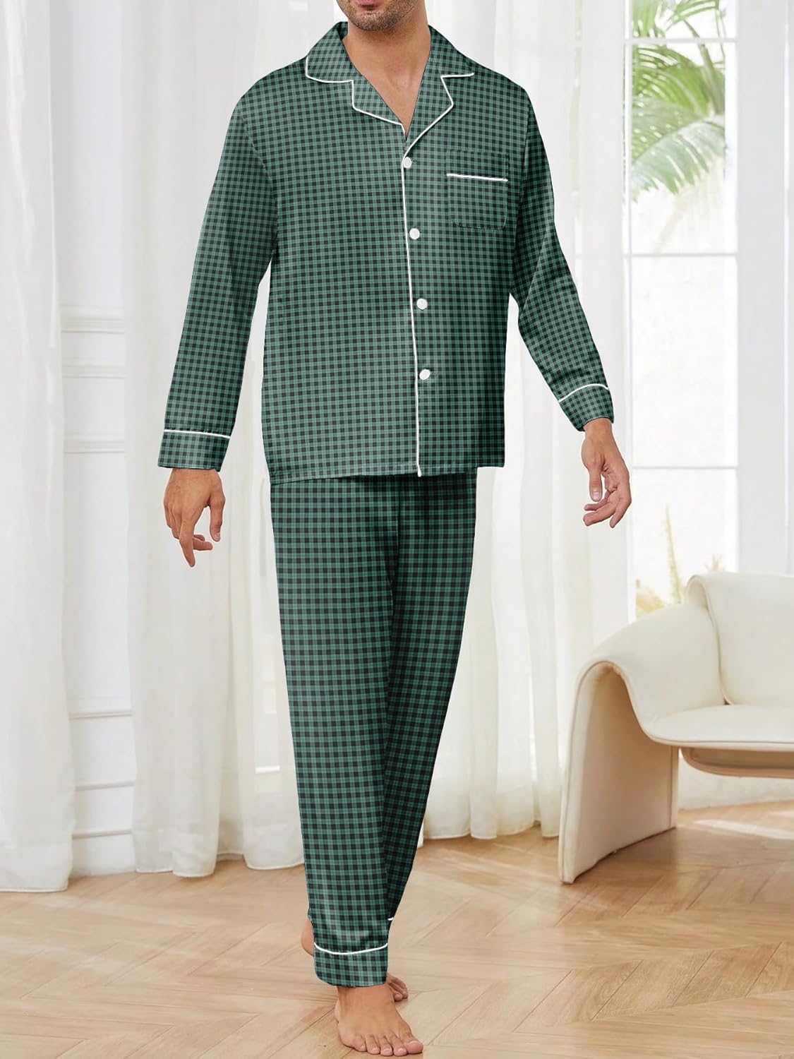 Mens Cotton Pajama Set, Long Sleeve Button Down Pajama Set for Men Plaid Men's Sleepwear - Image 4