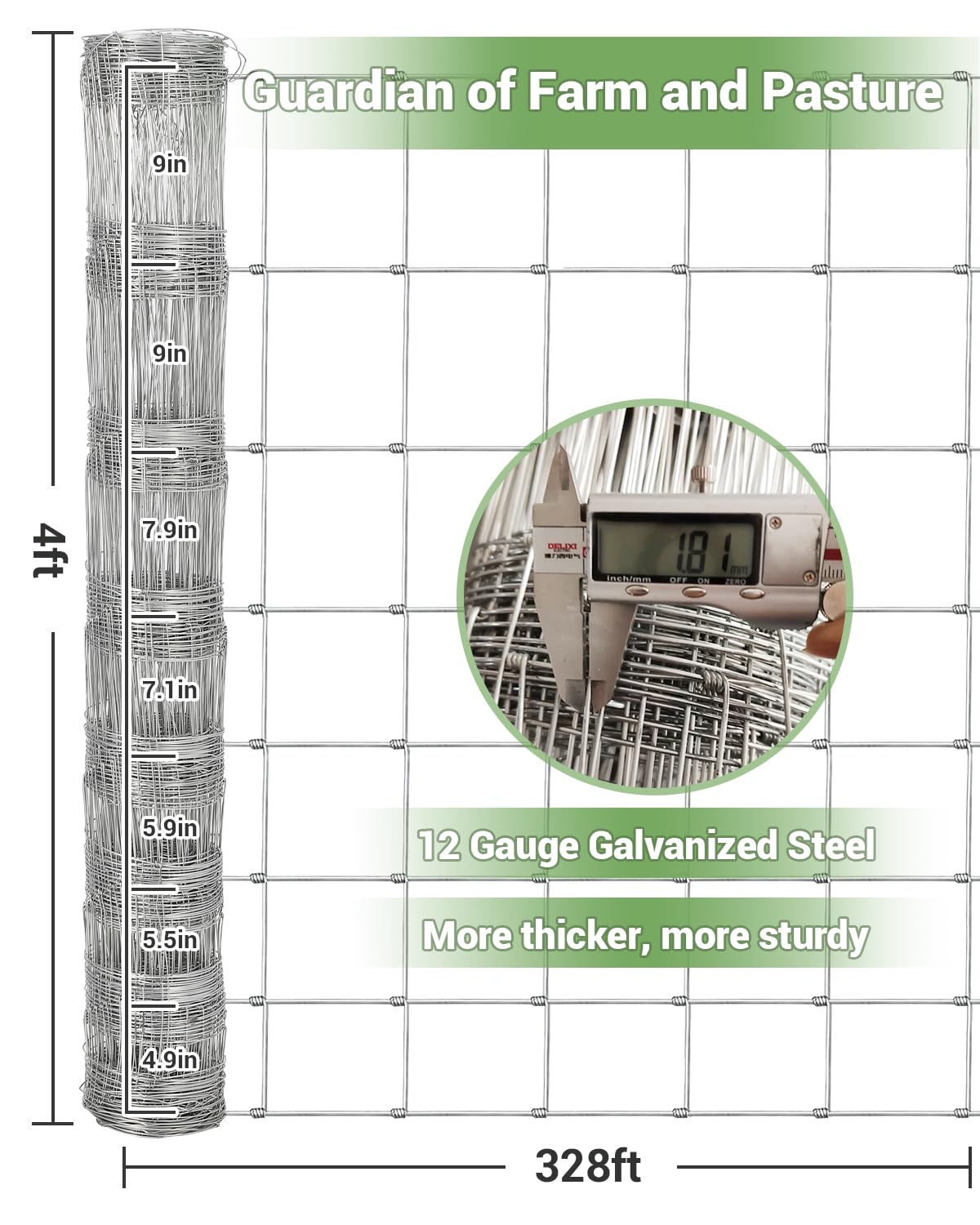 4ft x 328ft Heavy Duty Galvanized Welded Wire Fence Rolls, Durable Zinc Coated Rust-Proof Wire Fencing, Cattle Panel for Hog, Goat, Sheep, Poultry, Garden, Yard, Field and Farm Animal Protection