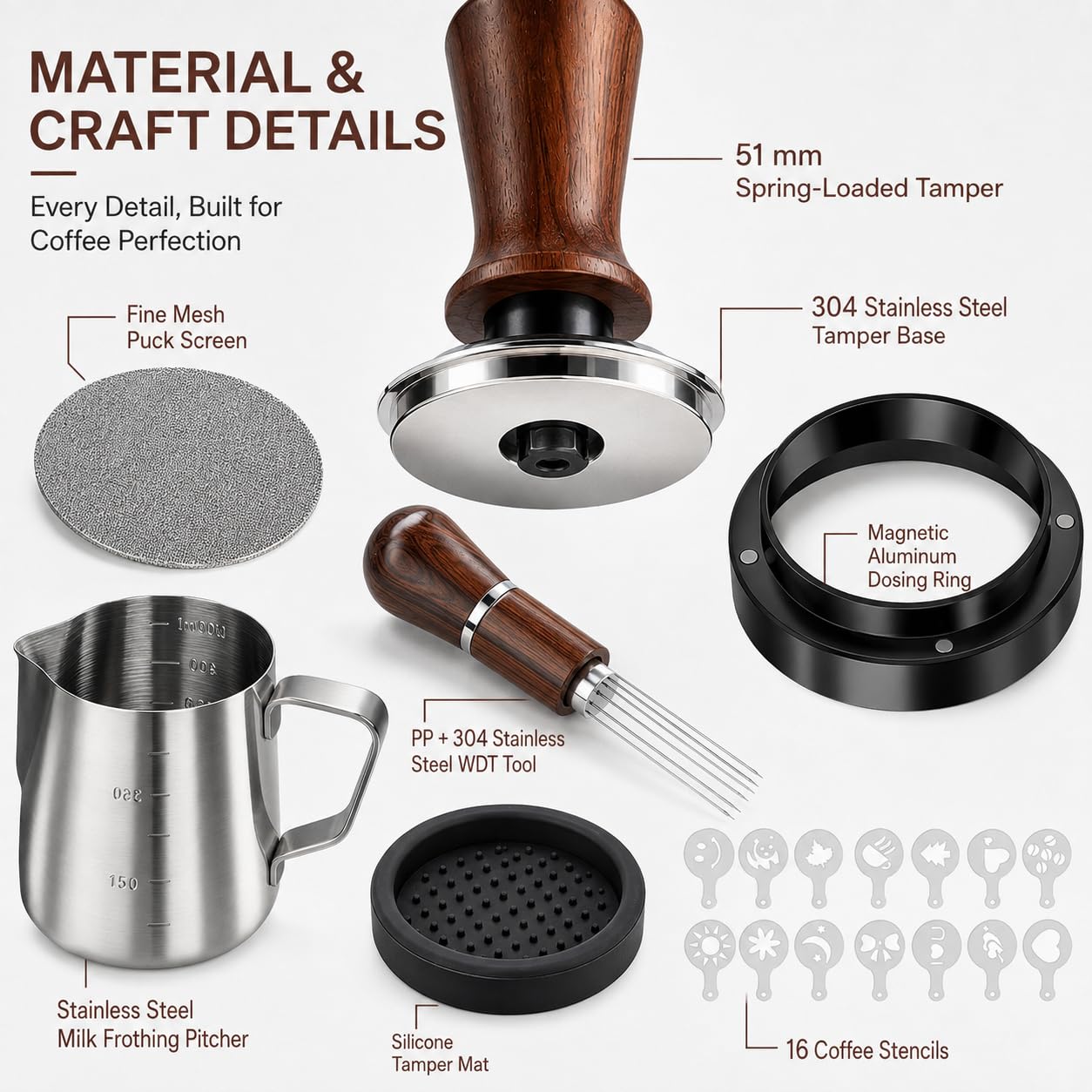 Set Barista 24 Pezzi, pressino per caffe 51 mm, accessori macchina caffe