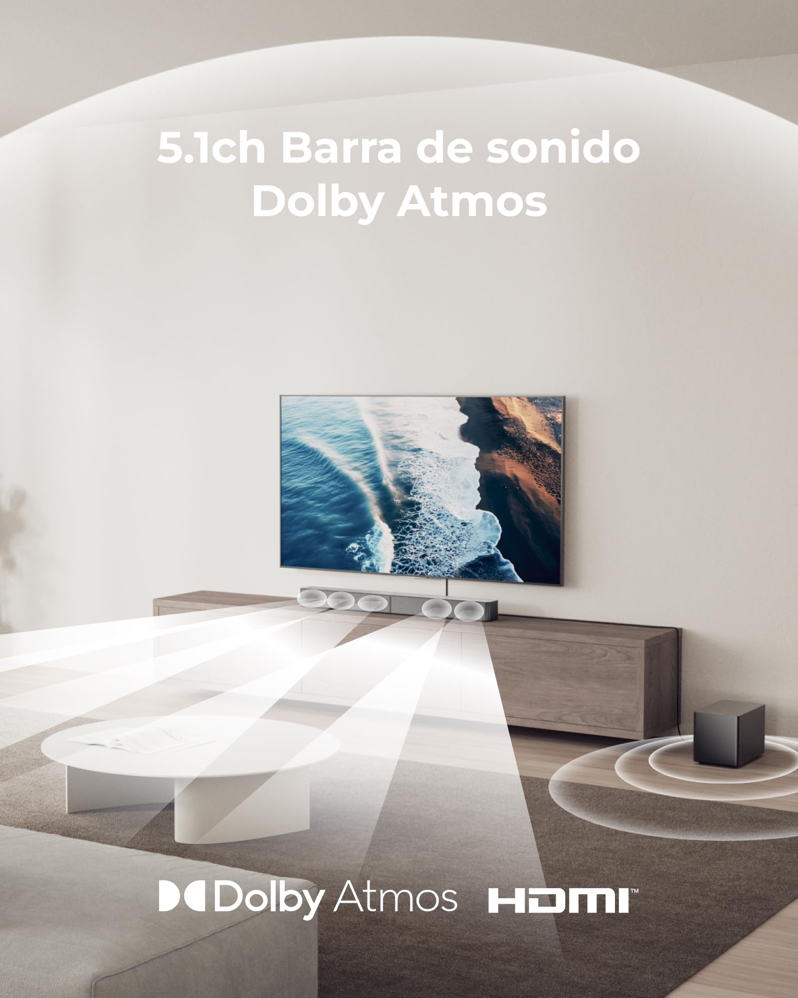La barra de sonido ULTIMEA Poseidon M60 Boom con su subwoofer, mostrando el diseño frontal y los puertos de conectividad.