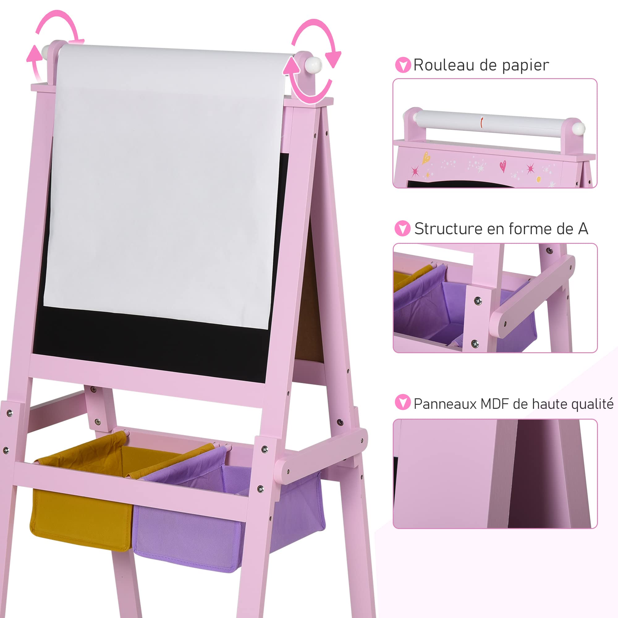 HOMCOM 3 en 1 Tableau Enfant - chevalet Enfant - Ardoise Double Face - Tableau Blanc Tableau à Craie - Rouleau Papier avec accessoires + paniers Rangement intégrés - MDF Rose