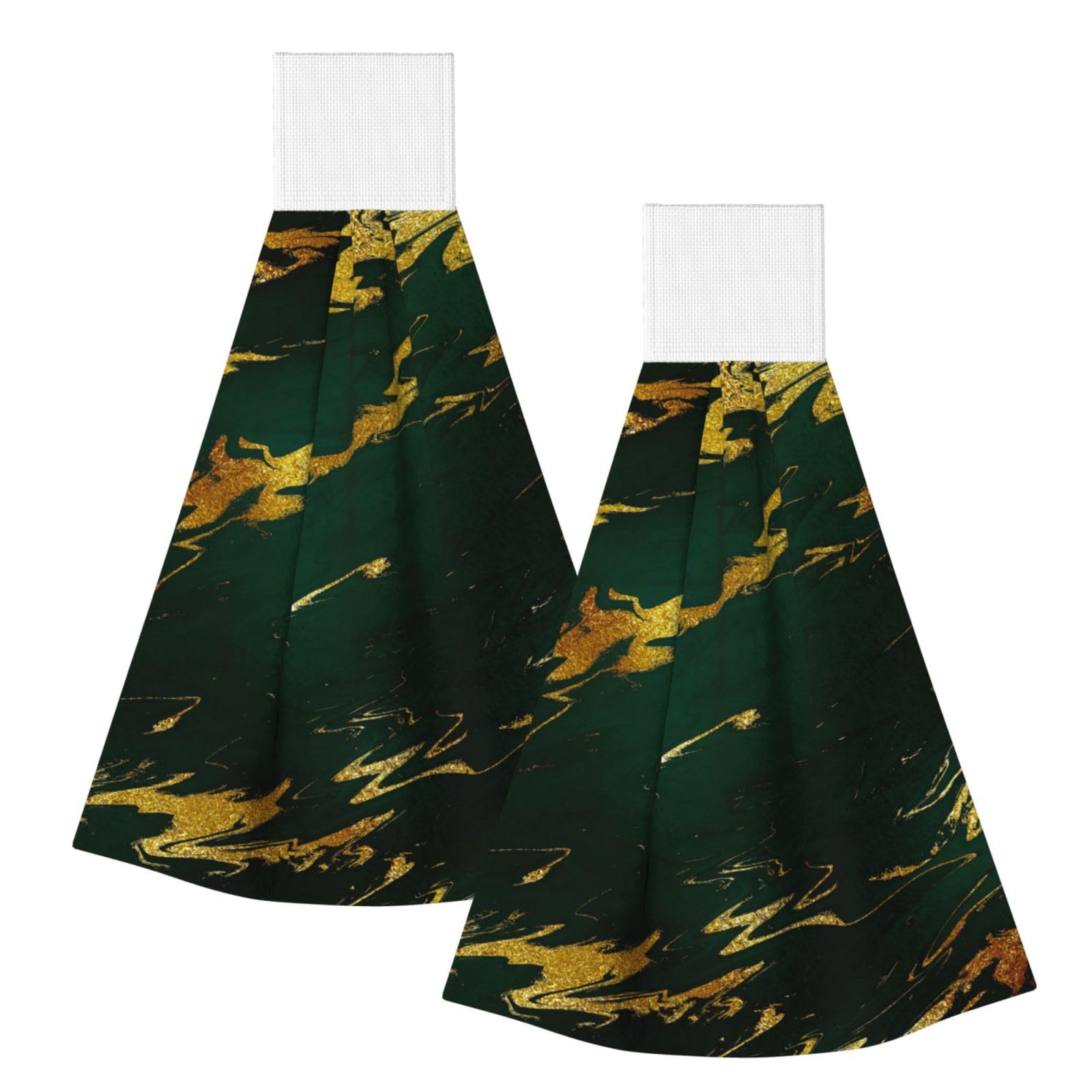 DOPKLNA Emerald Deep Green Earth Tones Gold Marble, 2 Pcs Hanging Coral Fiber Hand Towels for Bathroom, Absorbent Kitchen Towels