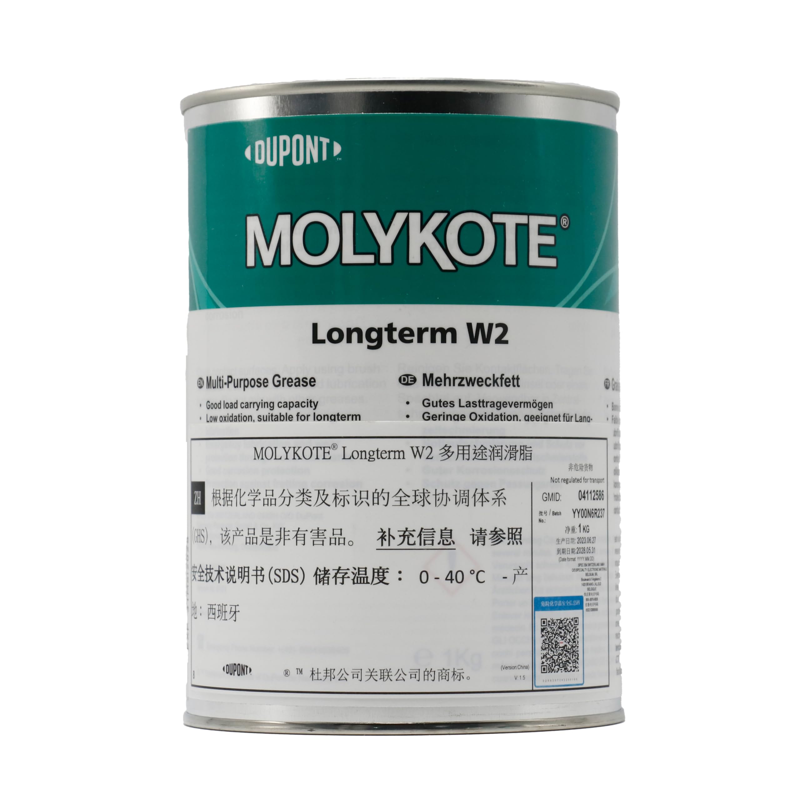 Molykote Longterm W2 High Performance Grease 1kg Lubricante Blanco Multiusos para Metal Máquinas Rodamientos Movimiento Lento Rápido Carga Media NLGI Grado 2 Dow Corning