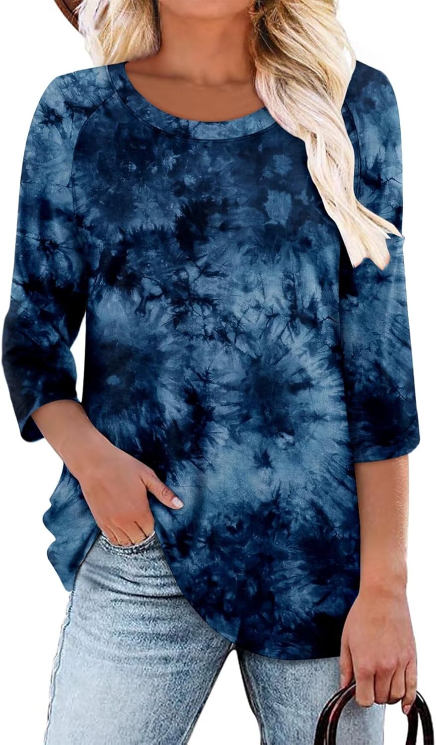 KISSMODA Tunic Tops for Women Loose Fit Dressy Round Neck Pleated 3/4 Length Sleeve Spring Tops X-Large C Tie Dye Blue image 2 of 5 B0F3D2HSJT