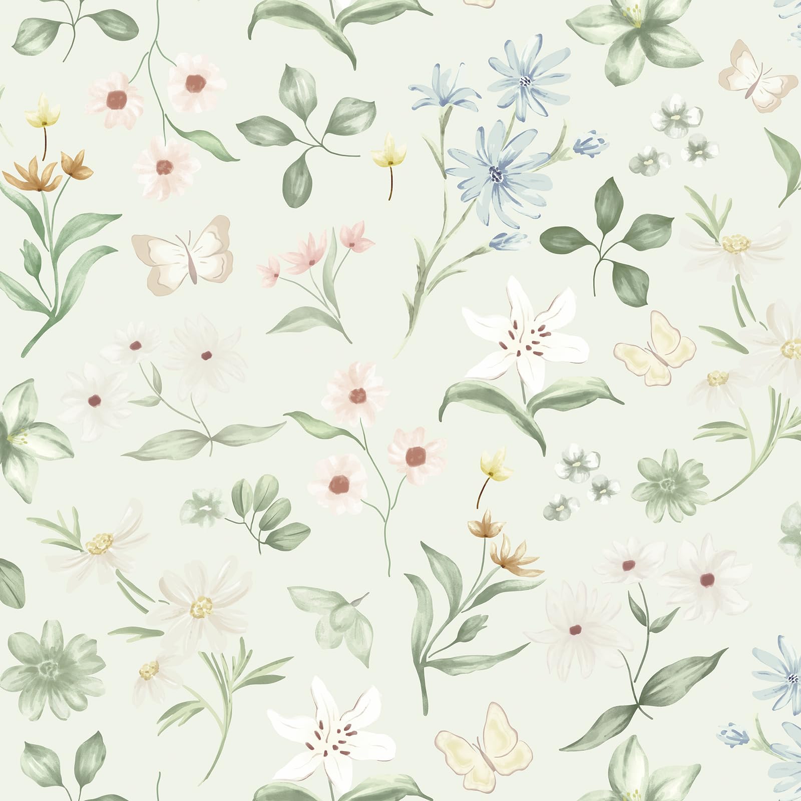 Timeet 44x300cm Self Adhesive Wallpaper Floral Peel and Stick Wallpaper Colorful Flower and Butterfly Sticky Back Vinyl Green Removable Contact Paper for Living Room Bedroom Wall Cabinet Shelf
