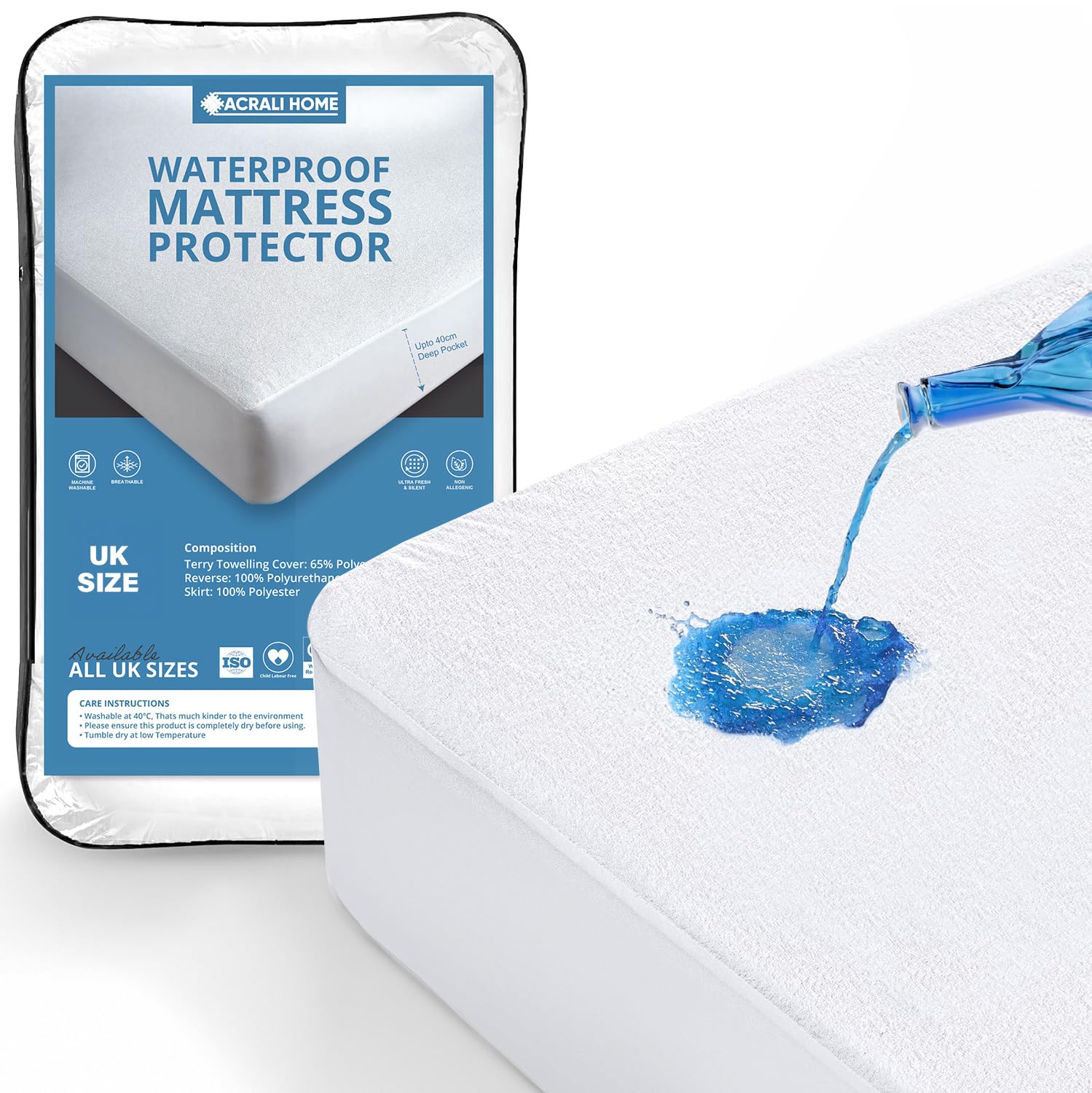 Acrali Home 100% Waterproof Mattress Protector - Non Noisy, Terry Cotton, Allergy-Free, Extra Deep 40cm Fitted Skirt - Super Absorbent & Machine Washable Covers (Small Double (122x190+30cm))