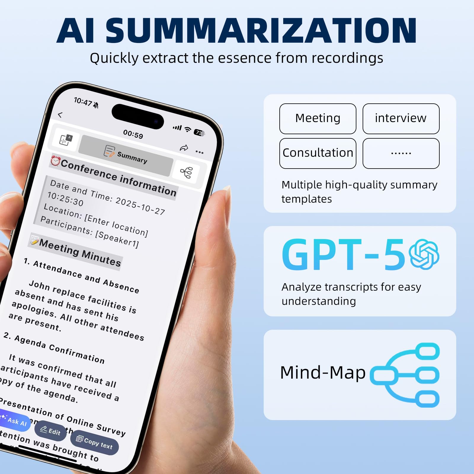 Enregistreur Vocal AI 64GB Professionnel Portable avec Transcription et Résumé, 256 Langues, Contrôle par Application