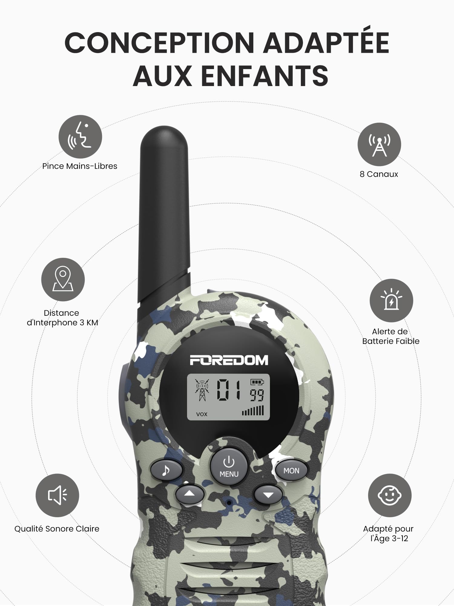 FOREDOM Talkie Walkie Enfants, Talkie-Walkie Longue Portée pour Garçons & Filles de 3-12 Ans, Cadeaux Aventure Plein Air, Lot de 2