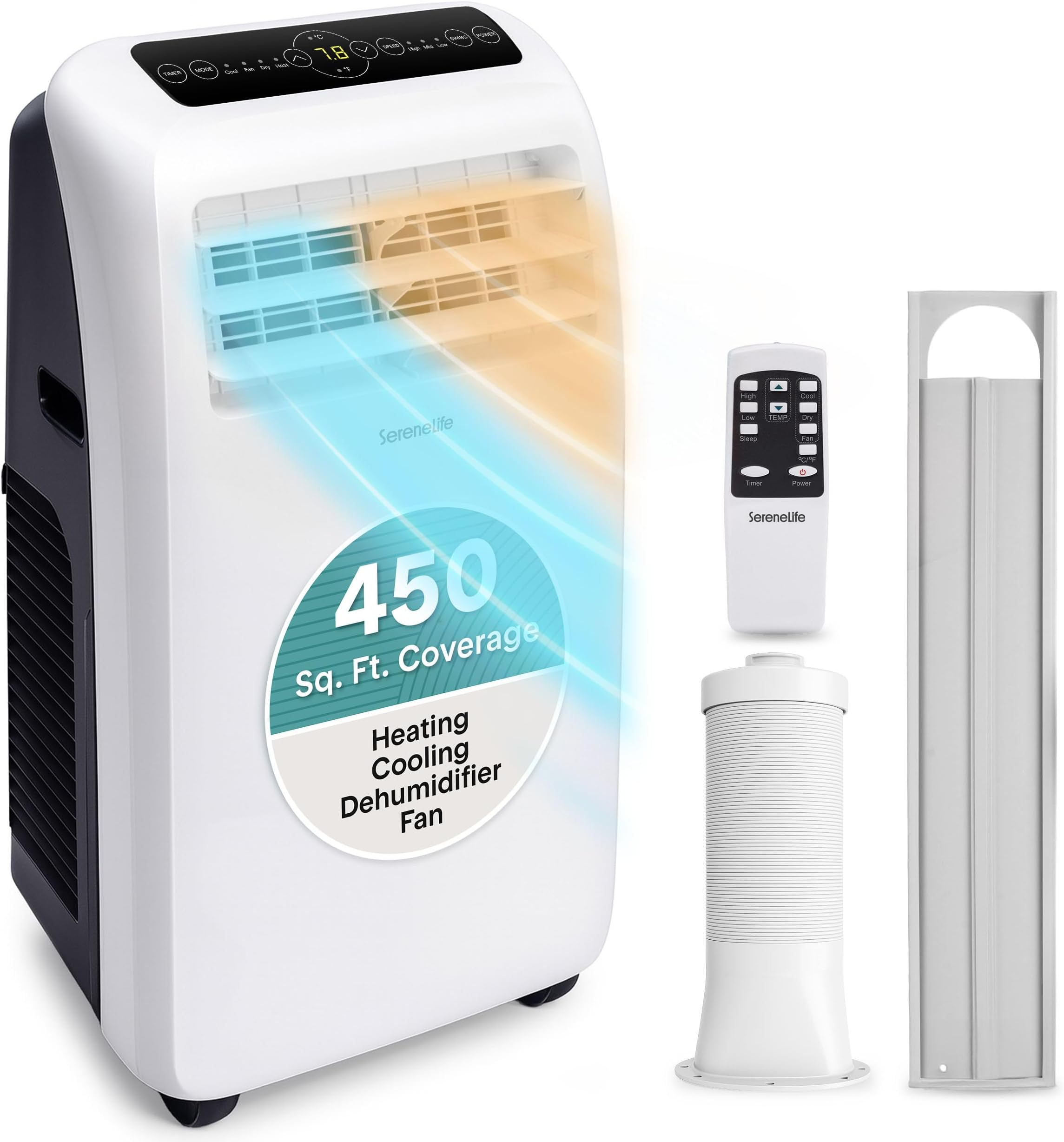 Portable Air Conditioner with Heat & Built-in Dehumidifier 10,000 BTU, Portable Heater & AC for Rooms up to 450 Sq Ft - Remote Control & Window Mount Exhaust Kit Included