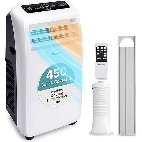 SereneLife Portable Air Conditioner with Heat & Built-in Dehumidifier 10,000 BTU, Portable Heater & AC for Rooms up to 450 Sq Ft - Remote Control & Window Mount Exhaust Kit Included