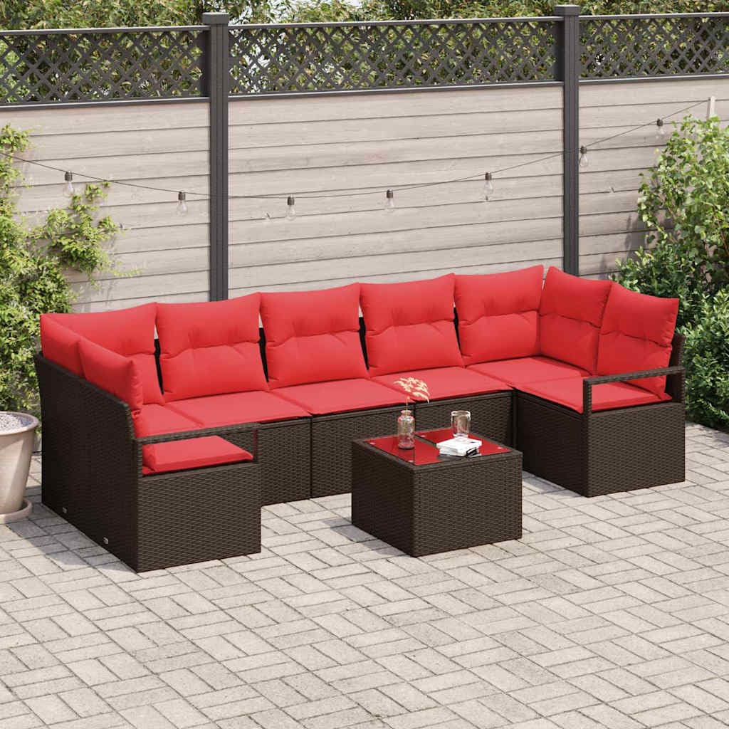 Set di divani da giardino, 8 pezzi, in polyrattan, colore beige e rosso | Salotto modulare in rattan con spazio sotto i sedili e tavolo in vetro, ideale per giardino, terrazza o veranda.