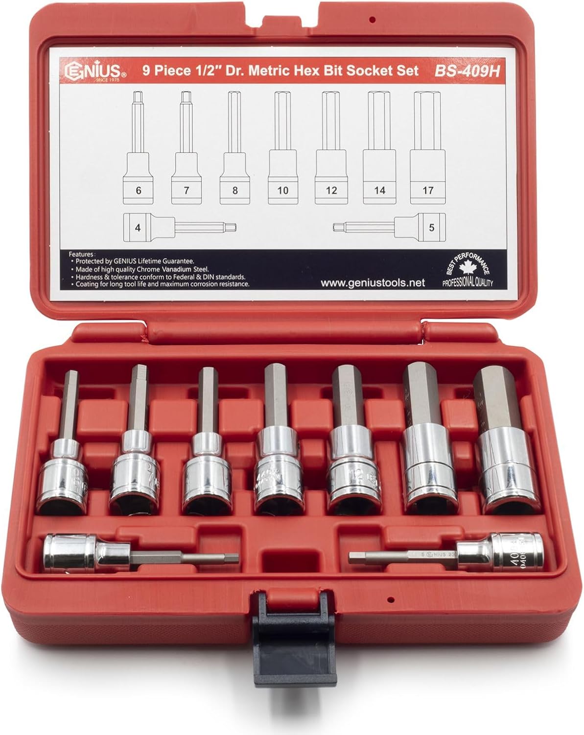 Genius Tools 9Piece 1/2" Dr. Metric Hex Bit Socket Set BS-409H