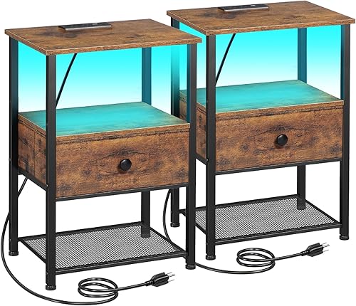 Juego de 2 mesitas de noche LED con estación de carga, mesas auxiliares para sala de estar con cajón de tela para espacios pequeños, mesas