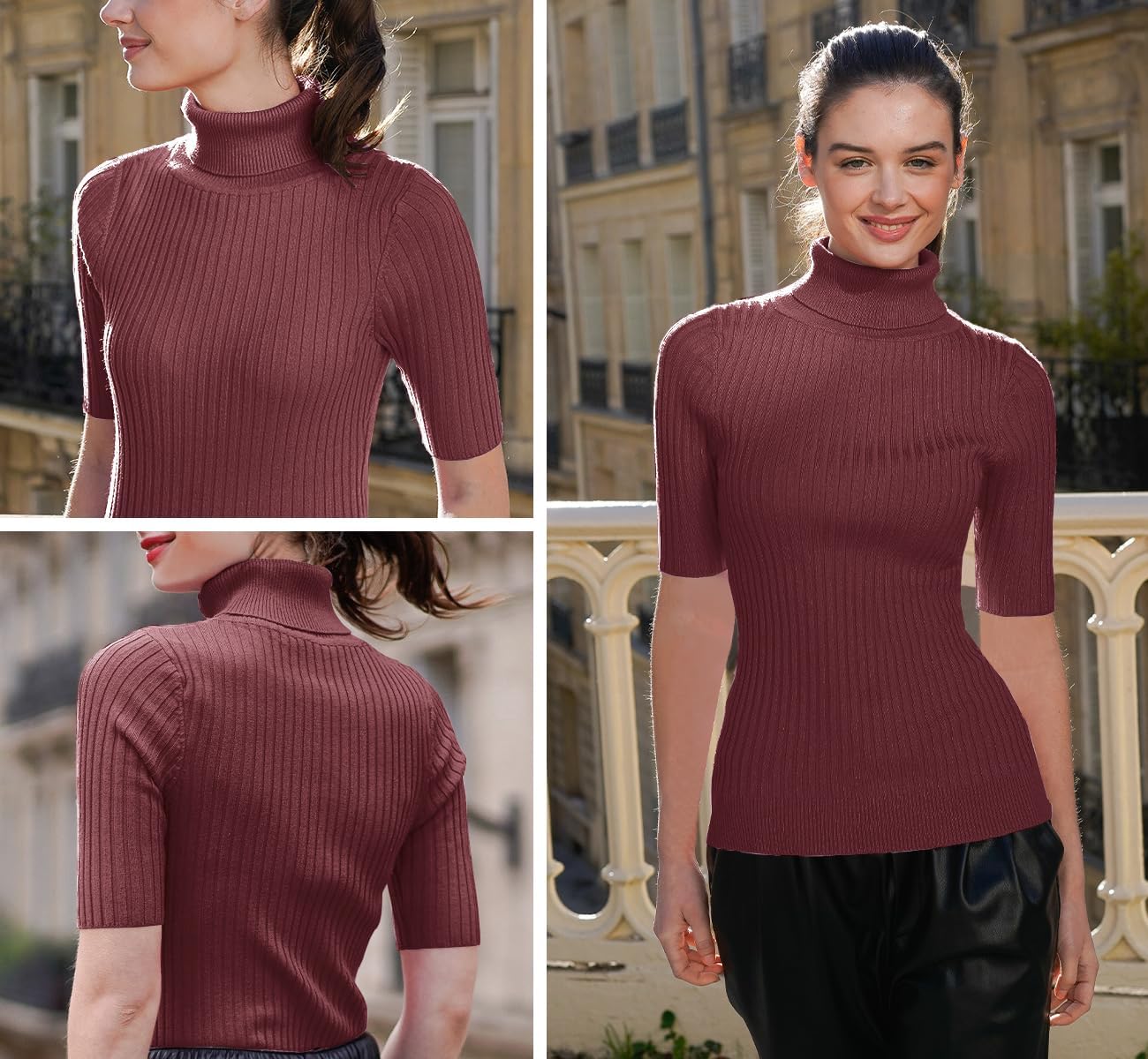 v28 Women Turtleneck 1/2 Half Sleeve Highly Stretchy Ribbed Knit Fitted Sweater - Image 3