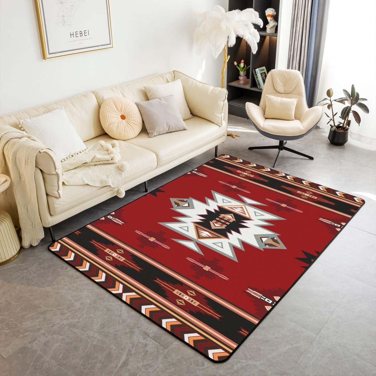 Western Large Area Rug 5x7 Bohemian Decor Geometric Living Room Rug | Boho Aztec Rugs for Bedroom, Ethnic Tribe Arrow Carpet Indoor Floor Mat,Red