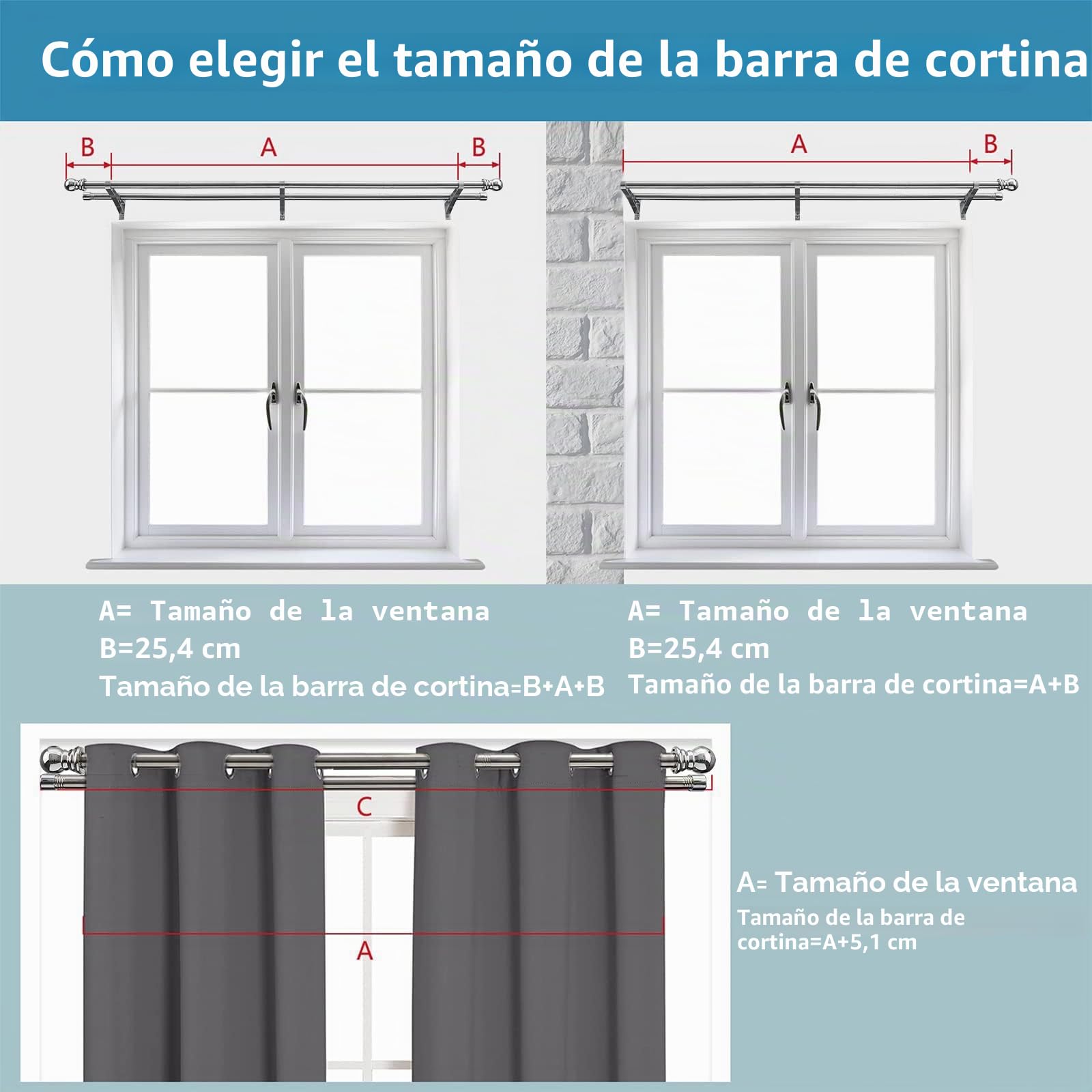 Barra de cortina de metal extensible, acero inoxidable plateado, 76-332 cm, barra de cortina de oscurecimiento para cortinas opacas y de gasa