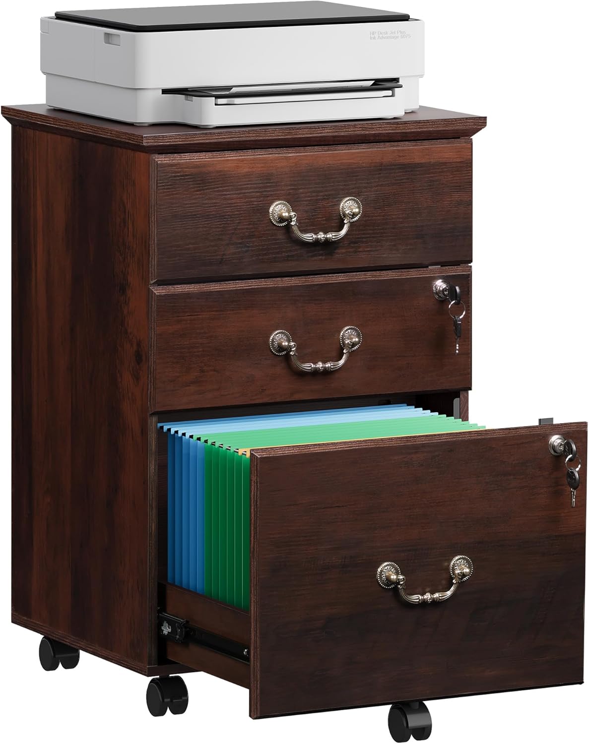 DEVAISE 3 Drawer File Cabinet with Lock, Mobile Wood Filing Cabinet for Under Desk Storage, Rolling Printer Stand for Office Storage, Brown Oak