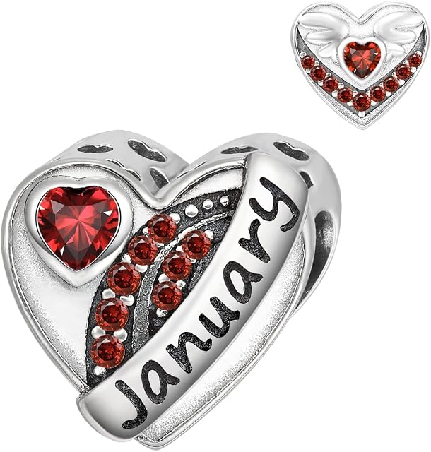 Qings Heart Birthstone Charms for Bracelet Angle Wings Bead Charm, Forever Love Charm Bracelets Silver Hearts Birthstones Charms Dangle Pendant for Bracelets Necklace Gifts for Women Girls