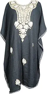 Mogul Interior Womens Caftan Dress Black Embroidered Kaftan Lounge Dresses OneSize
