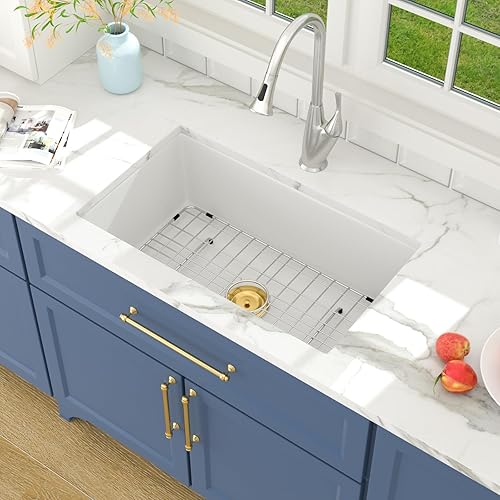 Lordear White Undermount Kitchen Sink 30 Inch Fireclay Porcelain Ceramic Sinks Single Bowl Basin 30x18x10 Inch Gold Drain Assembly